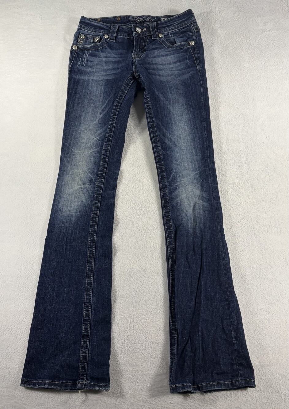 Miss Me Jeans Womens 25 25x33 Boot Cut Blue Dark Wash Faded Distressed Tall